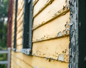 Chipping yellow lead paint on the exterior of a PNW house