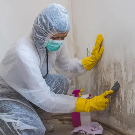 Person in protective clothing cleaning mold from wall