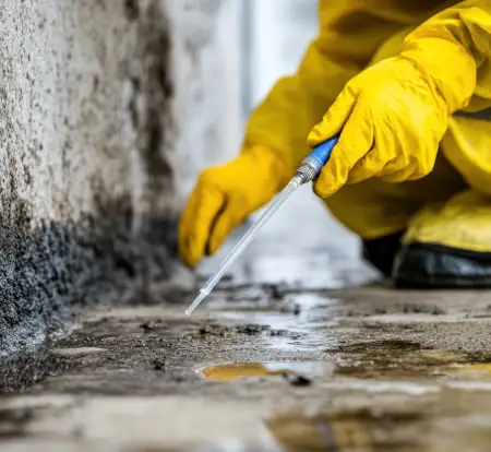 mold sample being collected by person dressed in yellow protective clothing.