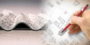 an asbestos covered roof and a hand hovering over a map