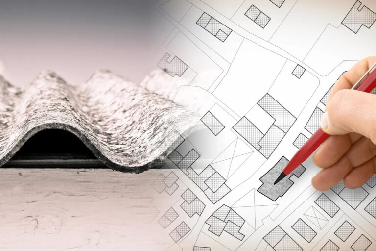 an asbestos covered roof and a hand hovering over a map