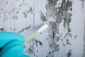a gloved hand collecting a mold sample with a qtip