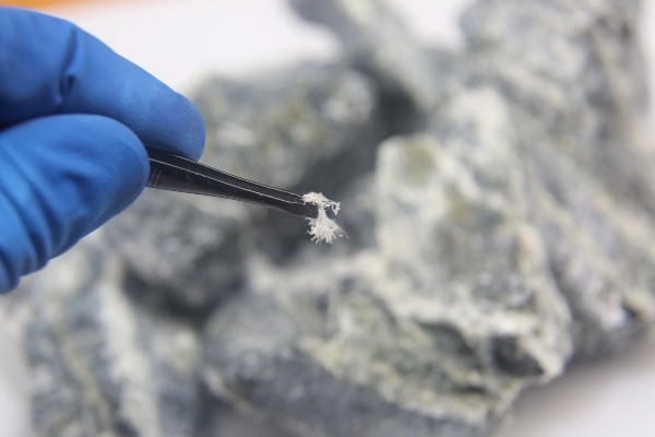 Close up of a person wearing protective gloves while holding a sample of asbestos with tweezers