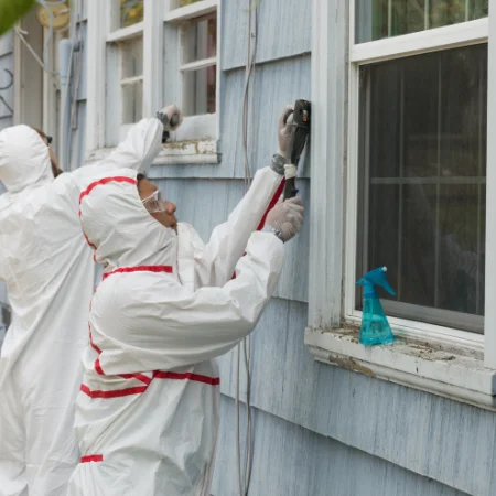 Environmental remediation technicians wearing protective hazmat suits while scraping paint and treating exterior window frames.